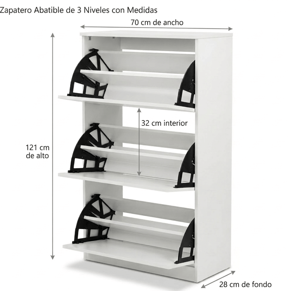 zapatero abatible 3 niveles organizador de zapatos blanco (121x70x28 cm)