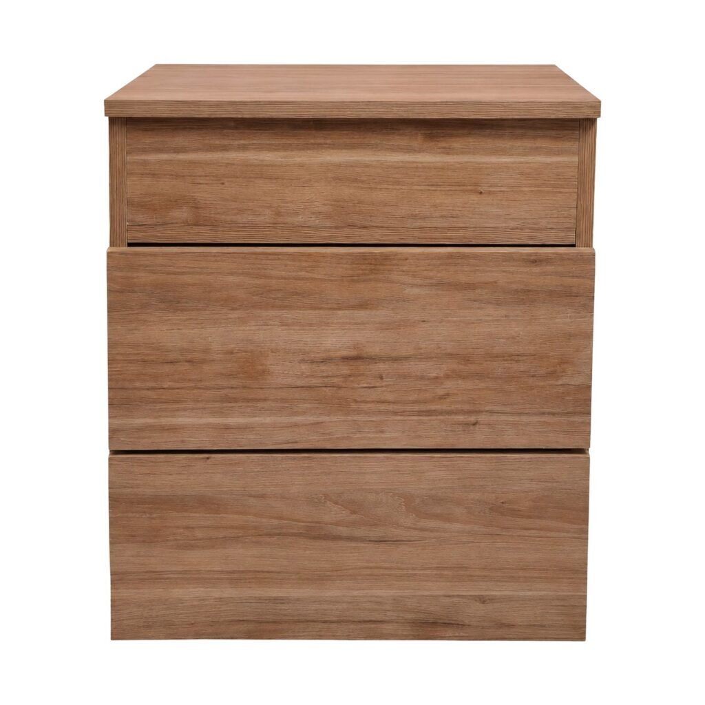 Mesa de noche ONE NIGHT de melamina tono madera con dos cajones y compartimiento oculto NFC, vista frontal sobre fondo blanco