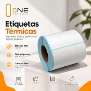 Infografía con medidas 80x60 mm y especificaciones técnicas de etiquetas térmicas
