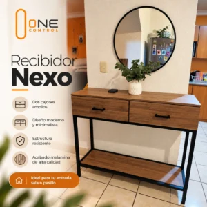 Mueble recibidor Nexo ambientado en entrada con espejo y decoración